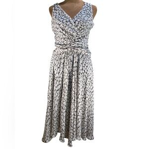 London Times‎ Wrap Midi Dress Size 6 Beige Black Print Sleeveless Lined